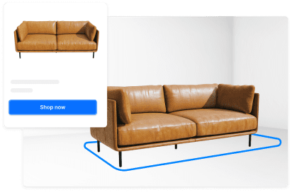 Braunes Ledersofa in AR-Ansicht mit Online-Shop-Vorschau.