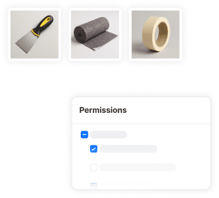 Ein Rasterlayout mit verschiedenen Tools und einer Liste von Häkchen mit der Überschrift "Permissions" (englisch für) "Berechtigungen".
