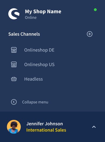 'A navigation panel displaying the Shopware logo at the top. Below, there are options for different sales channels, including "Onlineshop DE", "Onlineshop US", and "Headless".'
